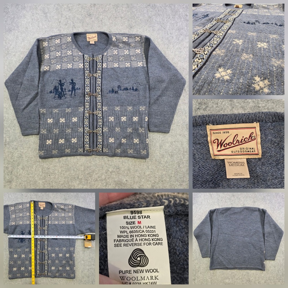Vintage Woolrich Sweater Womens Medium Blue Wool Fair Isle Nordic Cardigan Clasp